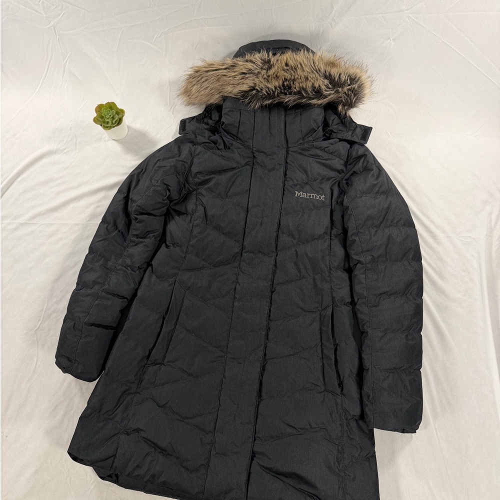 Marmot Strollbridge 700 Fill Down Women’s Black Fur Hood Coat Size S Small Grey